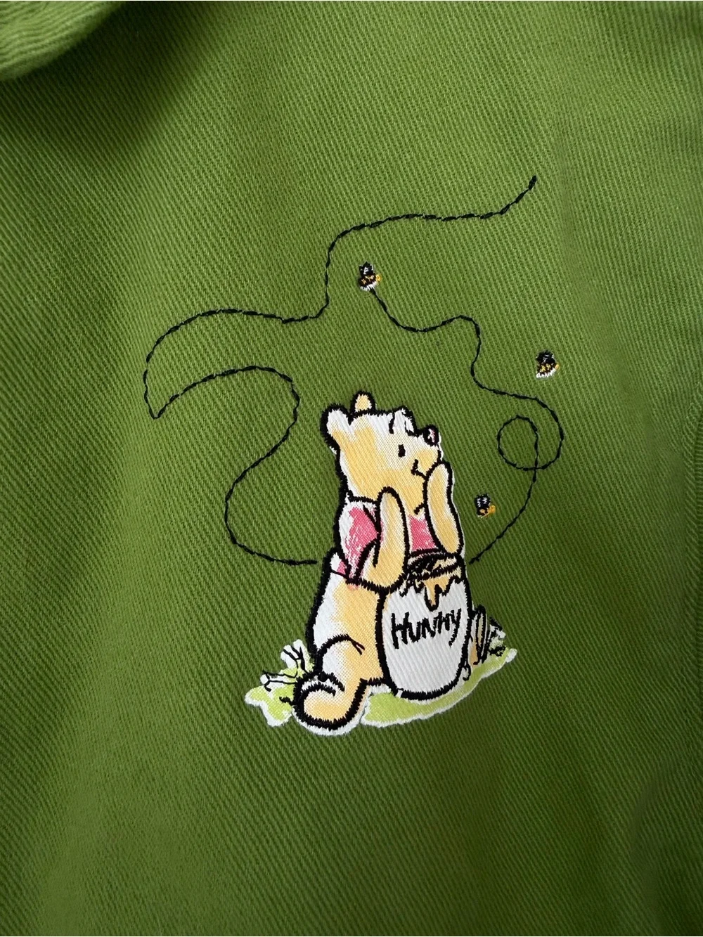 Disney Winnie The Pooh Cropped Denim Jacket Embroidered Hunny Bear Size XS Rare - Picture 2 of 10